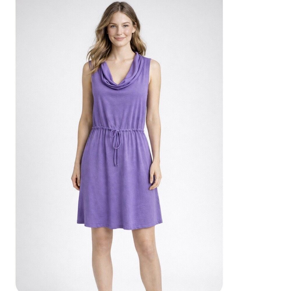 Garnet Hill Zinni Purple Sleeveless Cowl Neck Mini Dress Size L NEW Cotton